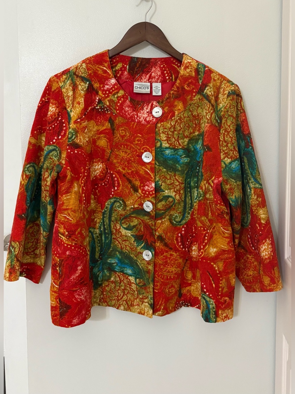 Chico's Cotton Red Multicolor Paisley Button Jacket Size:2